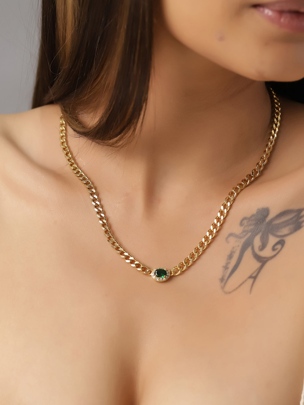Steel Necklace -  Green Zirconia  5*7mm