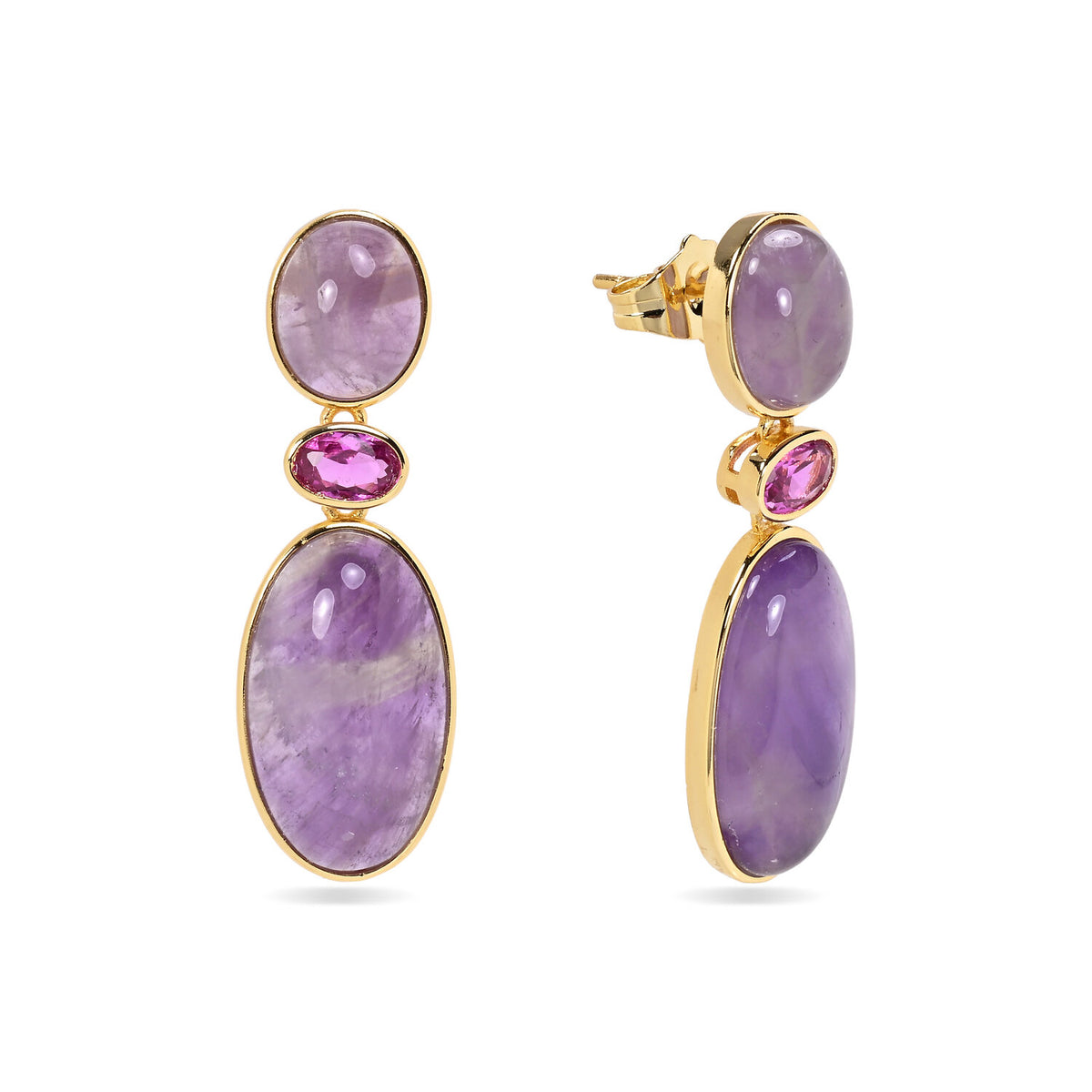 Amethyst Mineral Oval Earrings – Zirconia – 38 mm- Gold-plated
