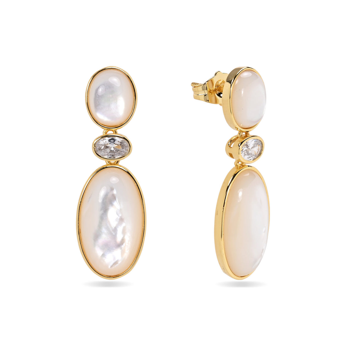 Mother of Pearl Mineral Oval Earrings – Zirconia – 38 mm- Gold-plated