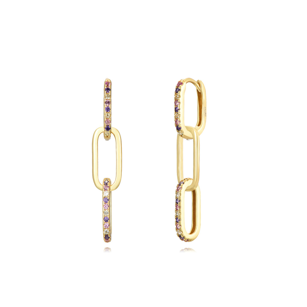 Gold Link Earrings - Multi Zirconia - Gold Plated Silver