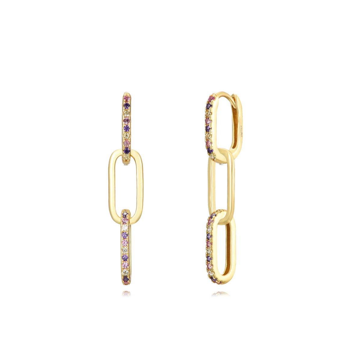 Gold Link Earrings - Multi Zirconia - Gold Plated Silver