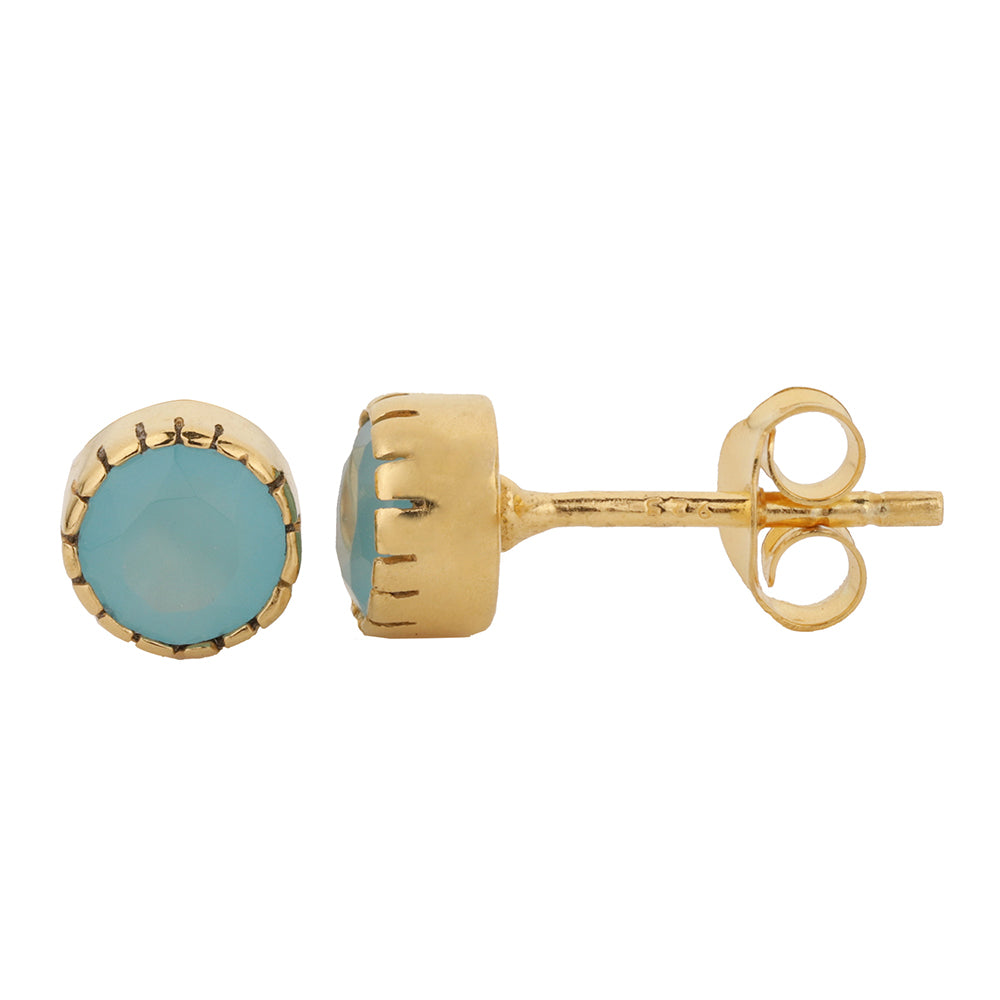 Zirconia Earrings - Button - Blue Chalcedony - Gold Plated Silver