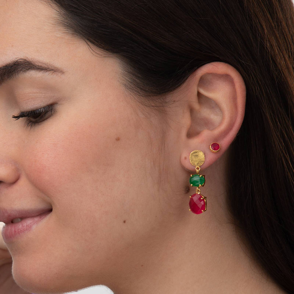 Zirconia Earrings - Button - Ruby - Gold Plated Silver