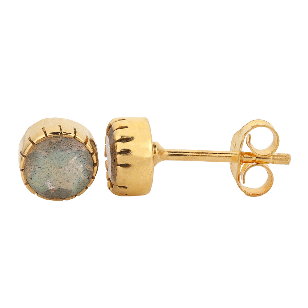 Zirconia Earrings - Button - Labradorite - Gold Plated Silver