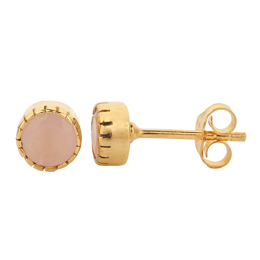 Zirconia Earrings - Button - Pink Quartz - Gold Plated Silver
