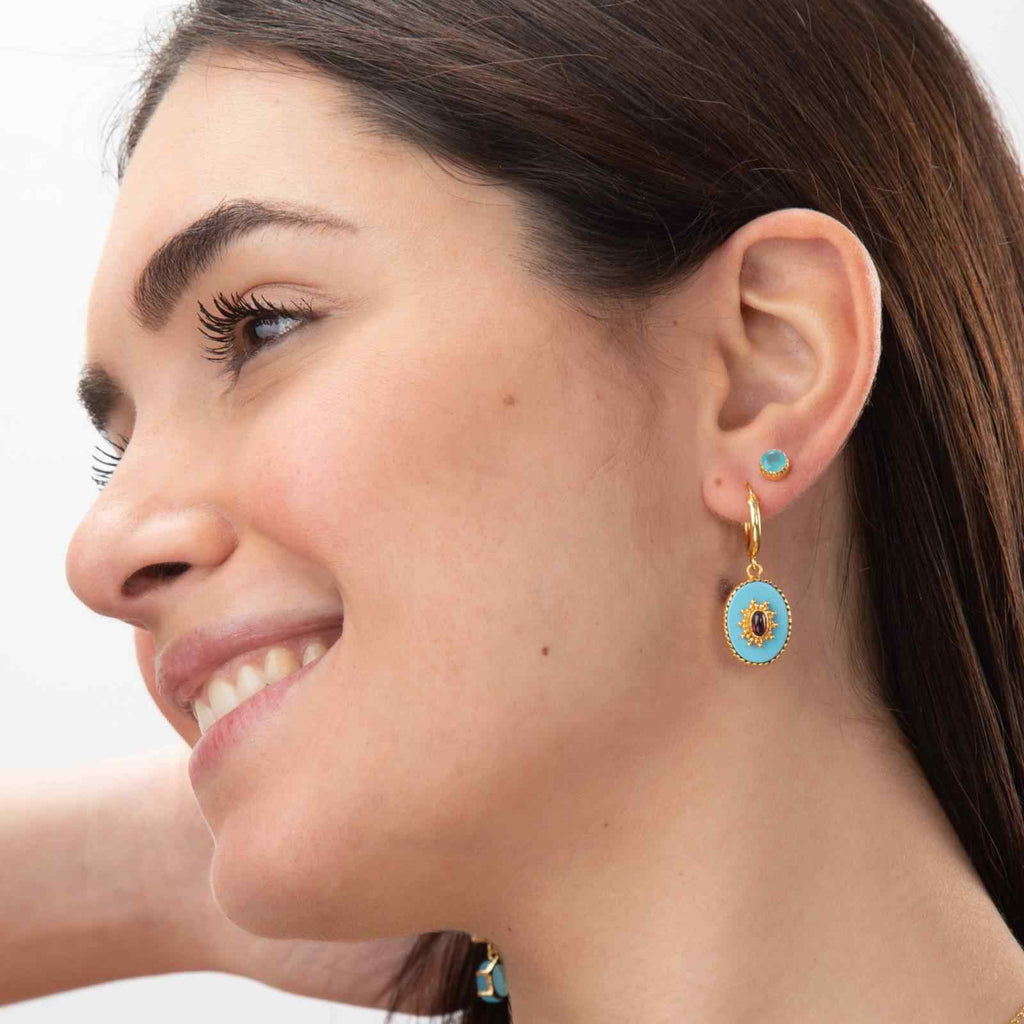 Zirconia Earrings - Button - Pink Quartz - Gold Plated Silver