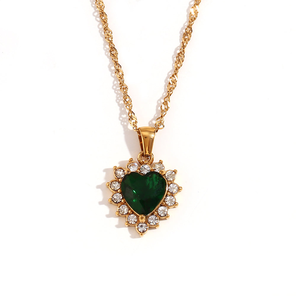 Steel Necklace - Heart -Green Zirconia  - Gold Color
