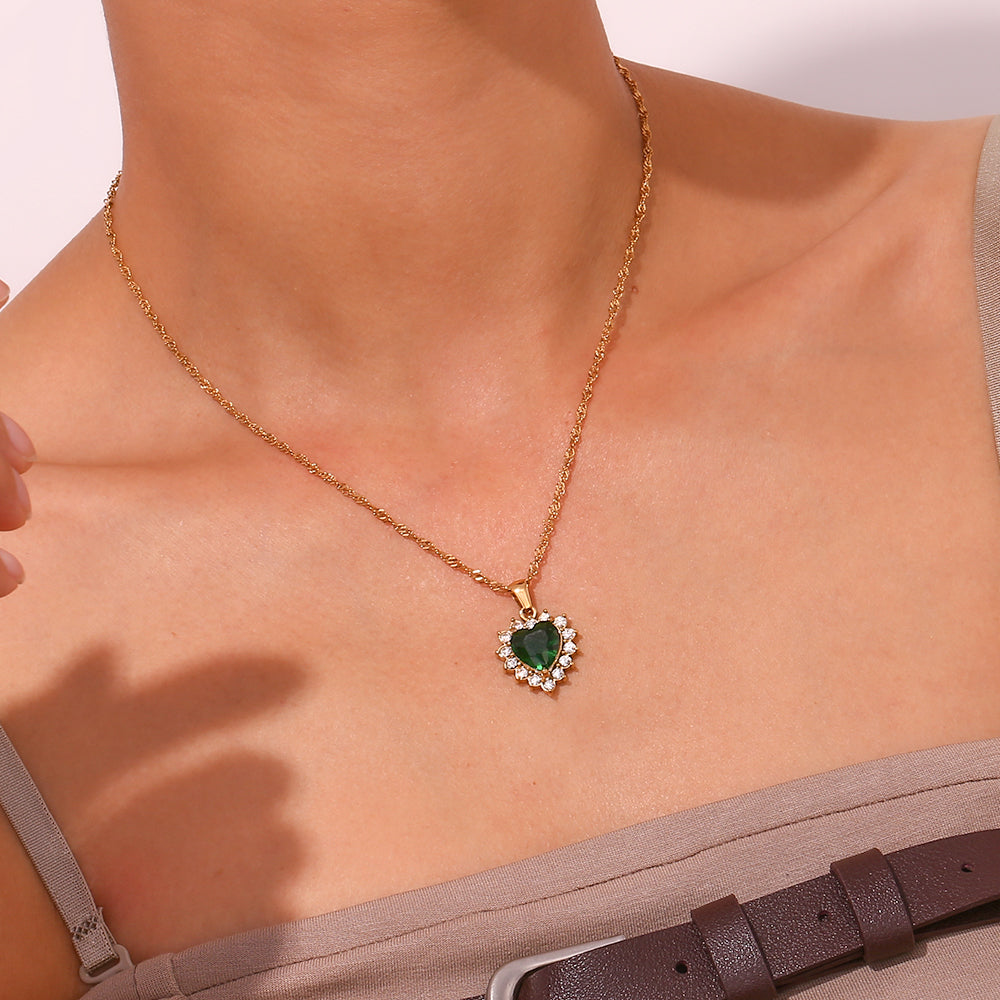 Steel Necklace - Heart -Green Zirconia  - Gold Color