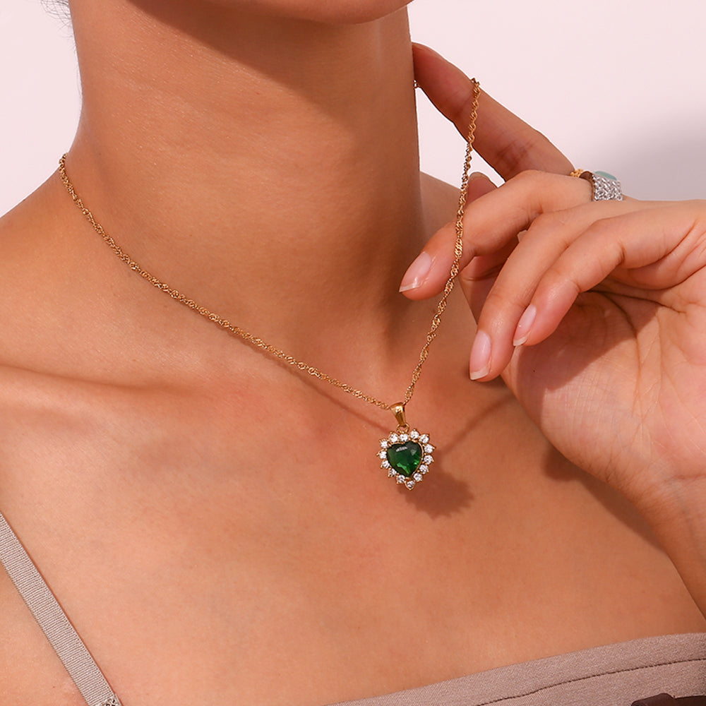 Steel Necklace - Heart -Green Zirconia  - Gold Color