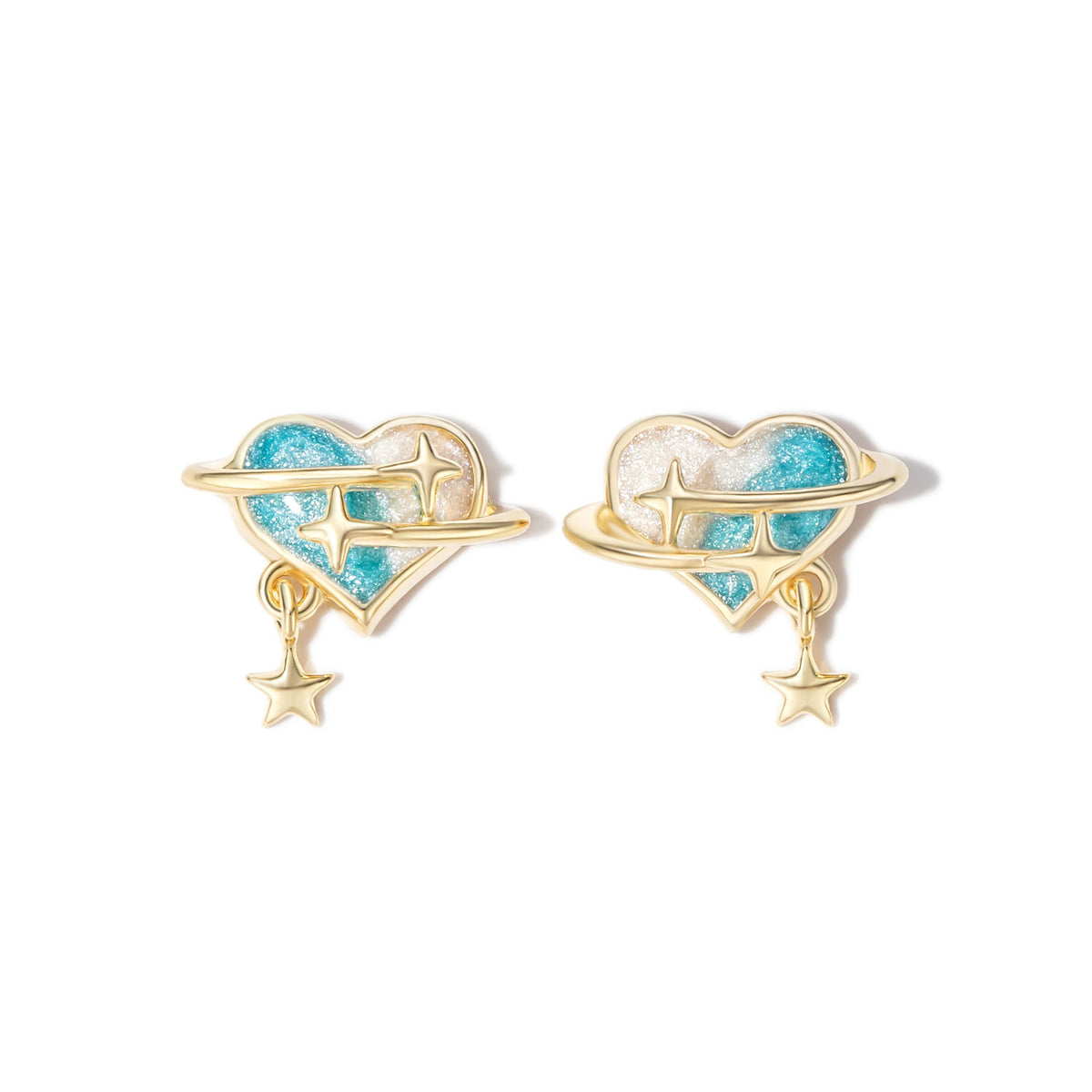 Silver Earrings - Heart with Stars  - Multi Enamel - Gold Plated
