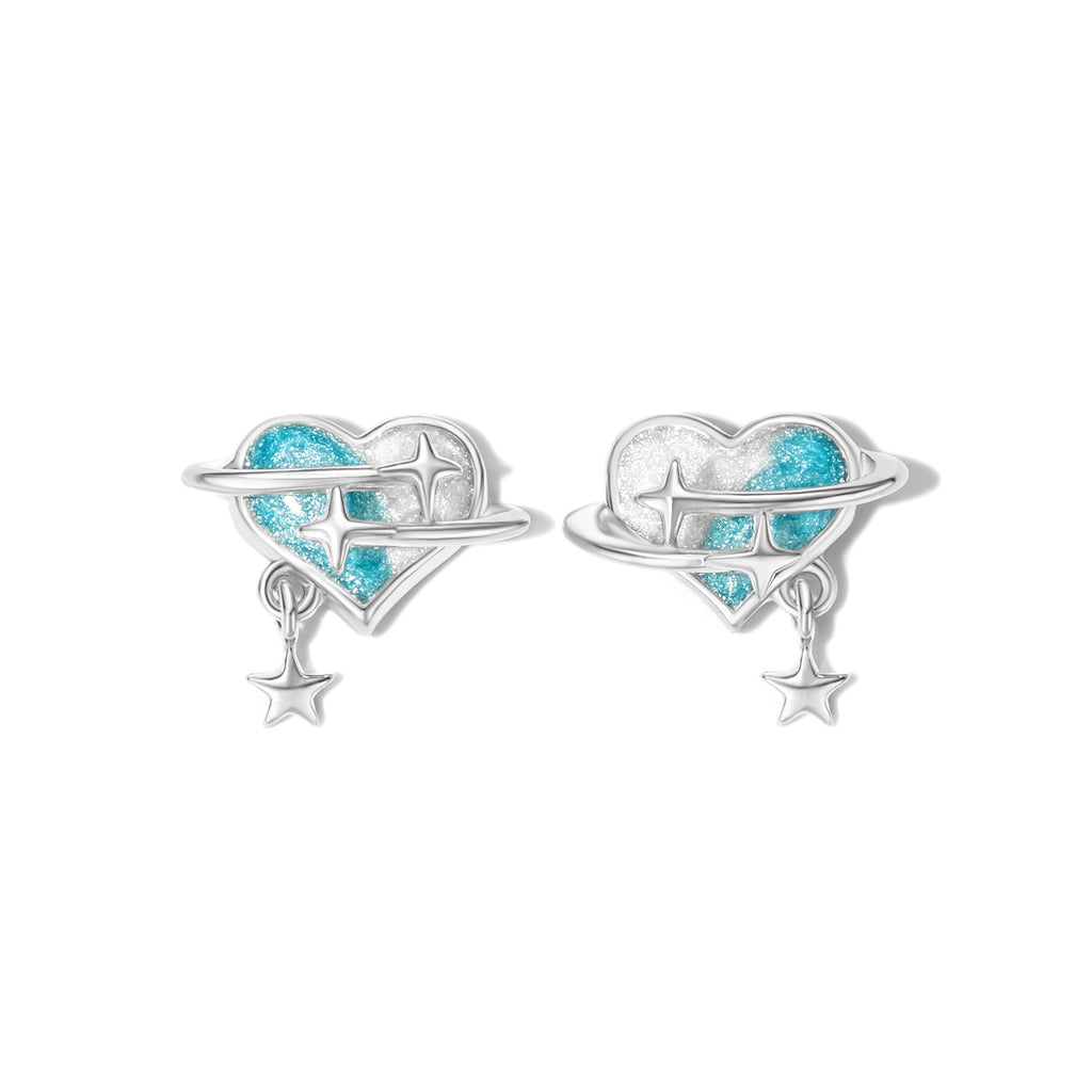 Silver Earrings - Heart with Stars -  Multi Enamel - Rhodium Plated