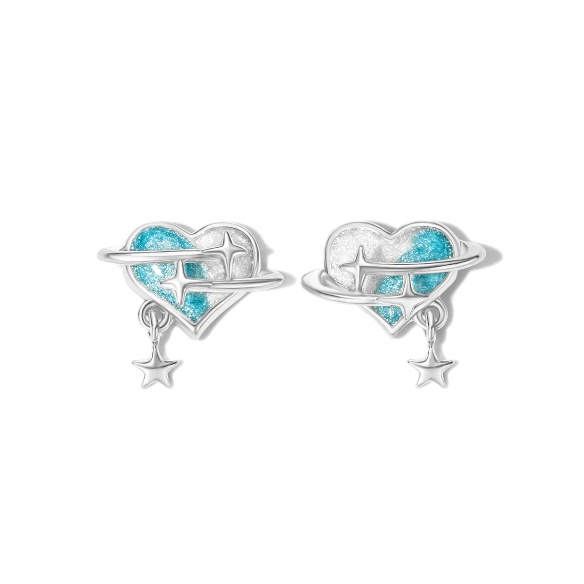 Silver Earrings - Heart with Stars -  Multi Enamel - Rhodium Plated