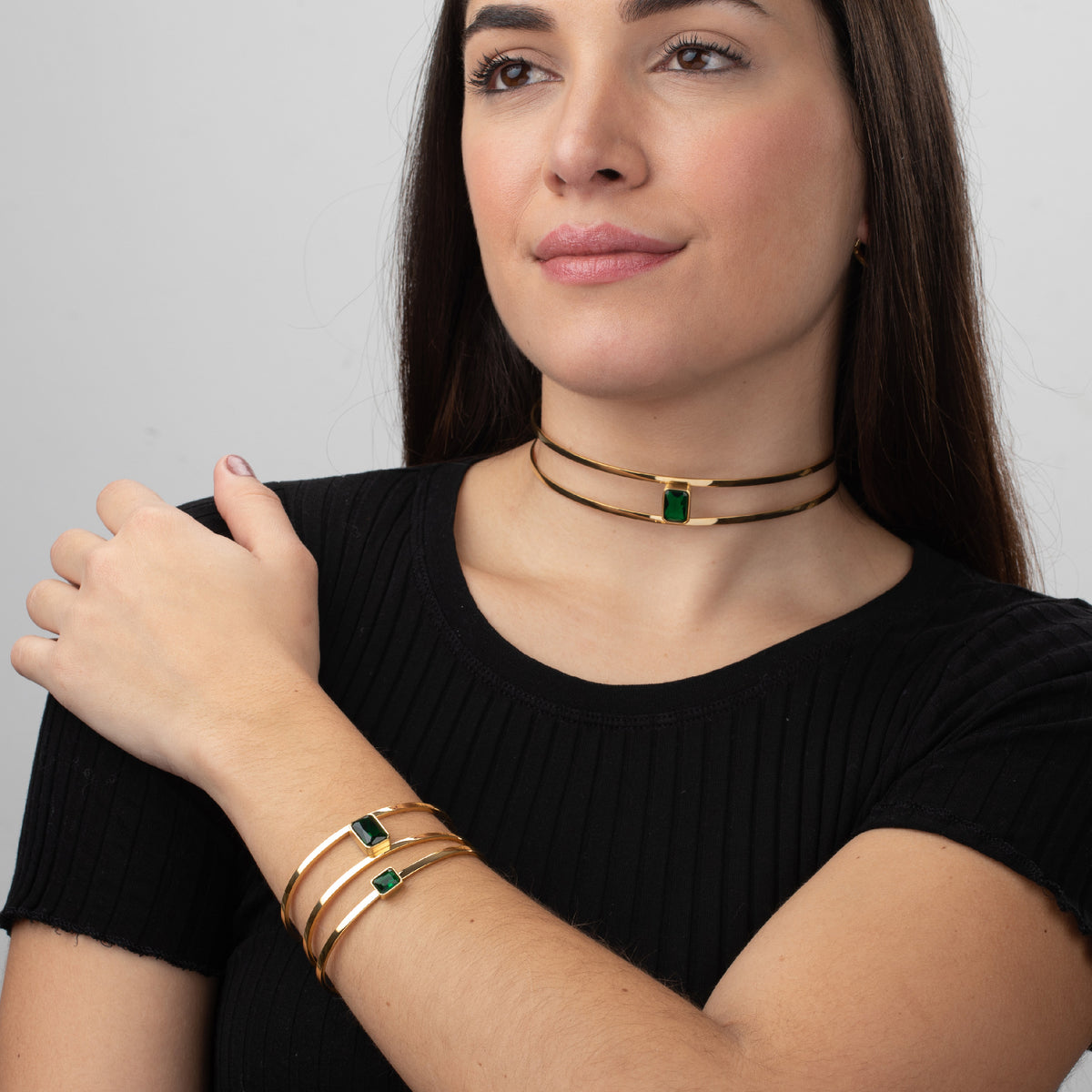 Steel Bracelet - Bangle 62 mm - Green Zirconia