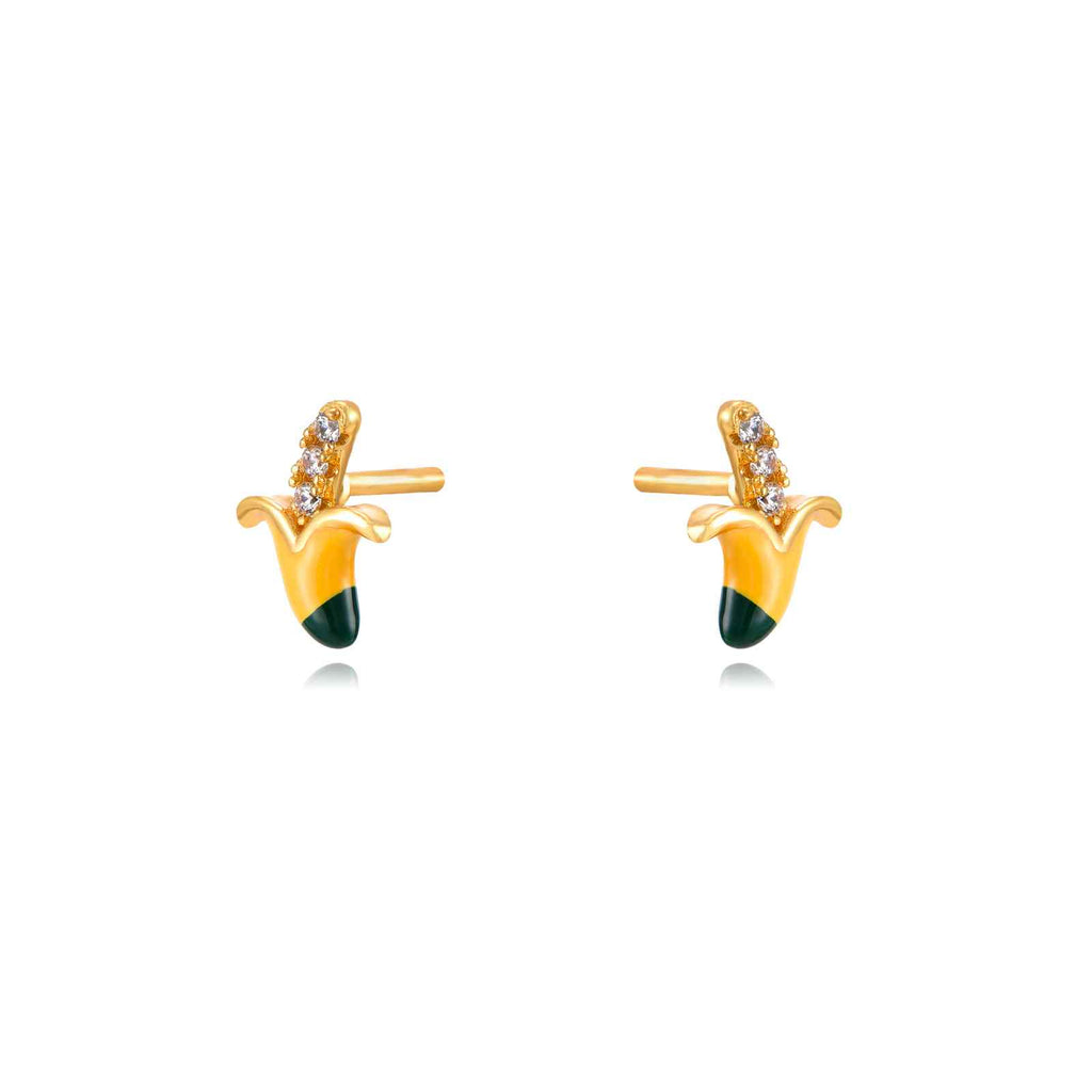 Yellow Enamel - White Zirconia - Banana Earrings