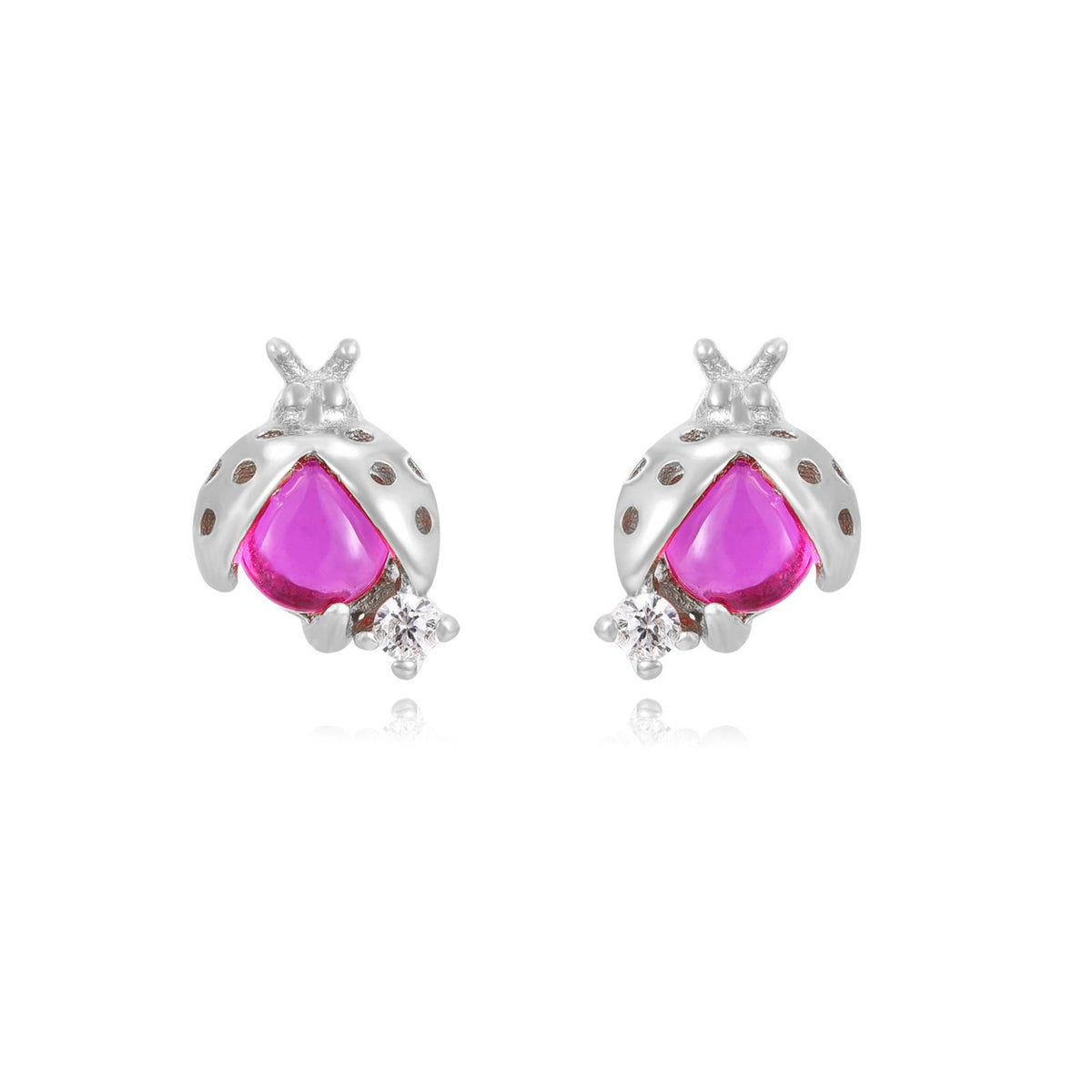 Ladybug Earrings - Ruby Zirconia - Silver Rhodium