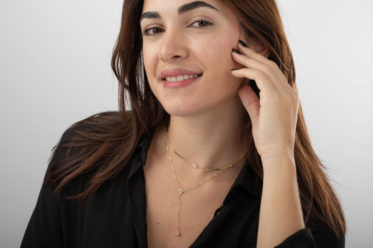 Y Necklace  - Cubic Zirconia Ball   - Rhodium Silver