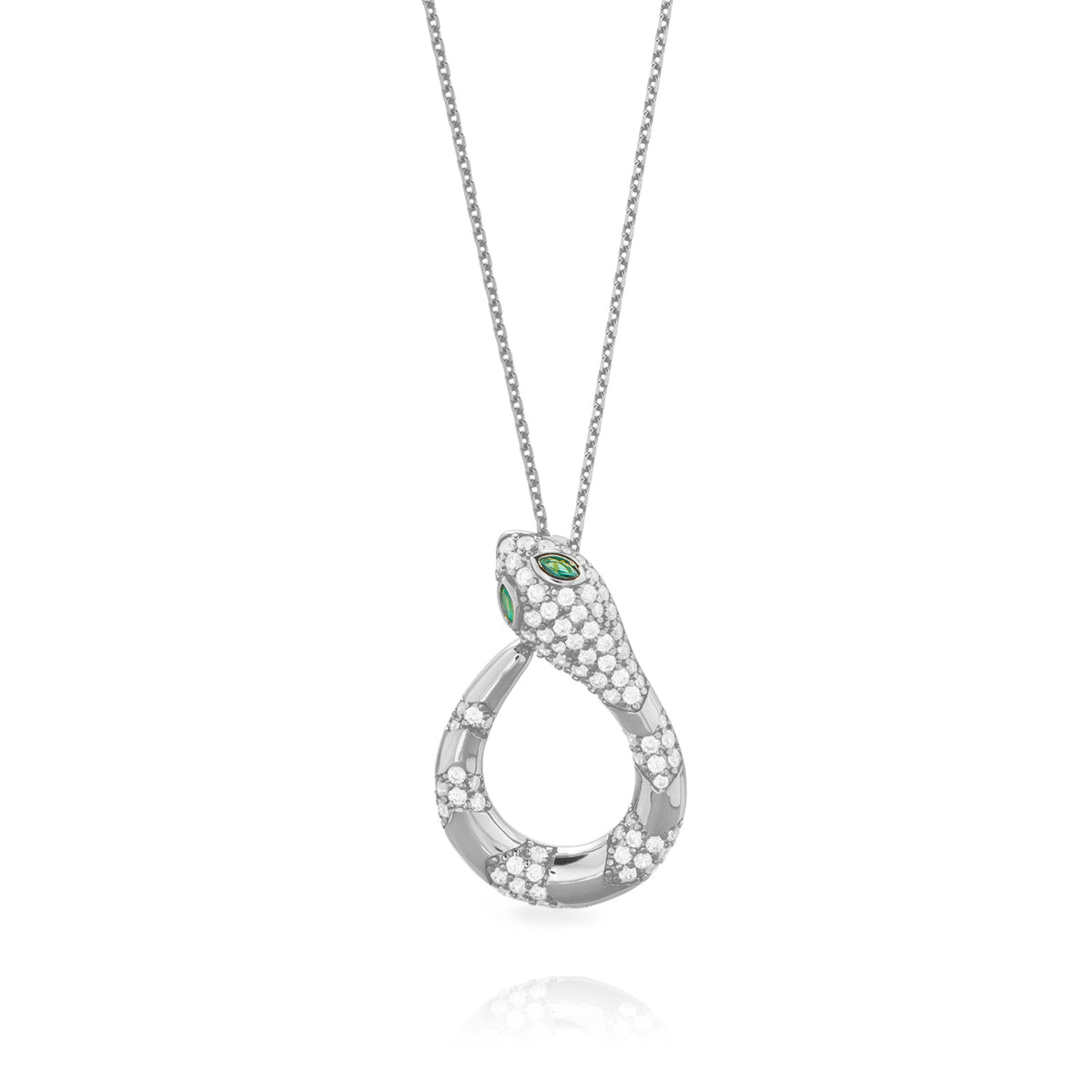 Snake Necklace  - Green Zirconia - Rhodium Silver