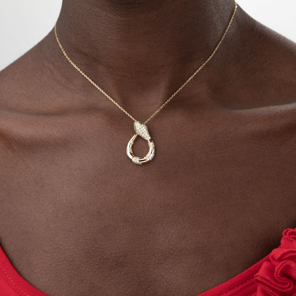 Snake Necklace  - Green Zirconia - Gold Plated