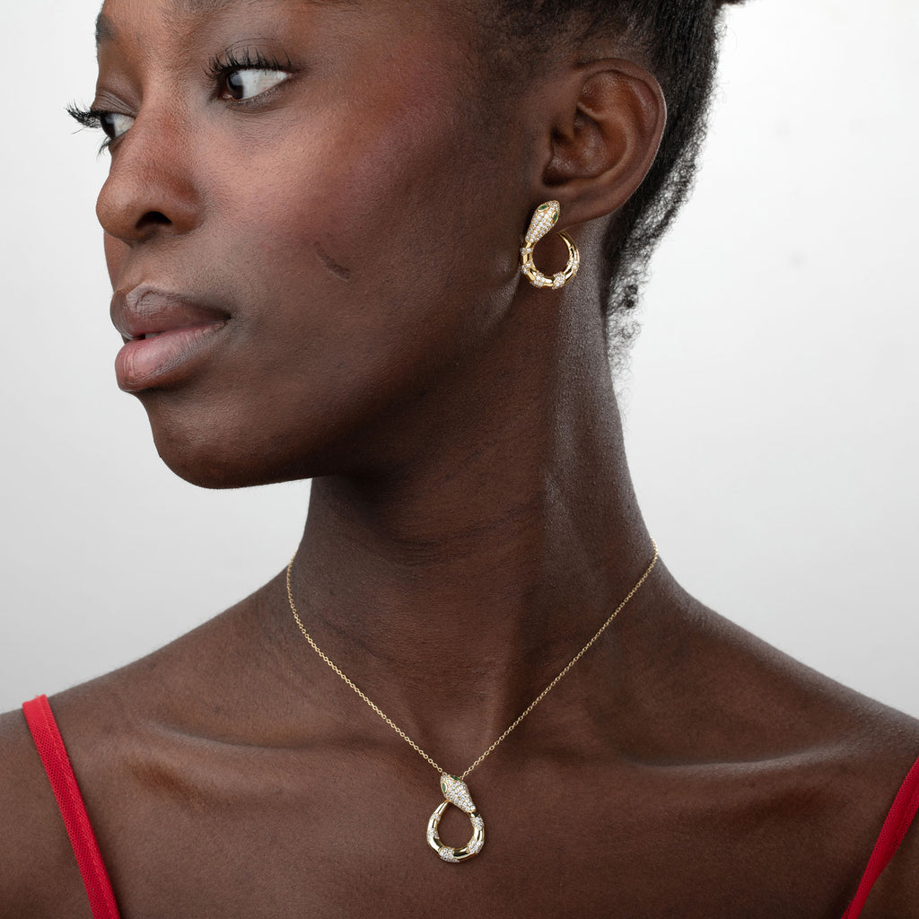 Snake Necklace  - Green Zirconia - Gold Plated