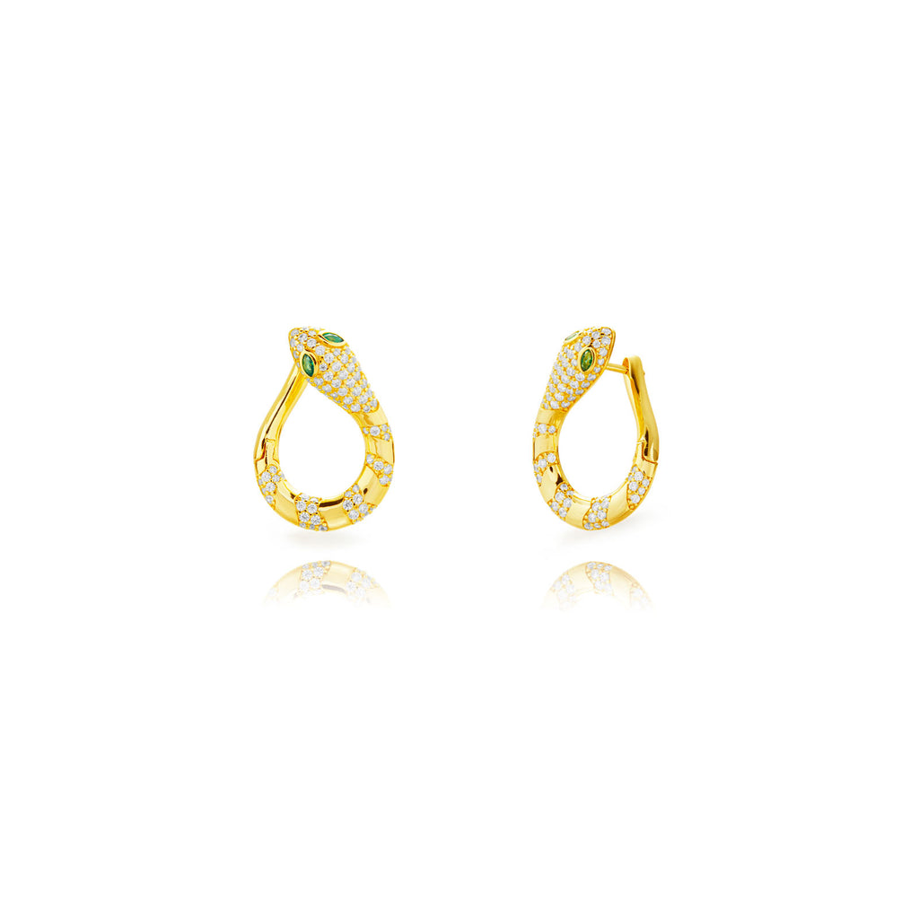 Snake Earrings  - Green Zirconia - Gold Plated