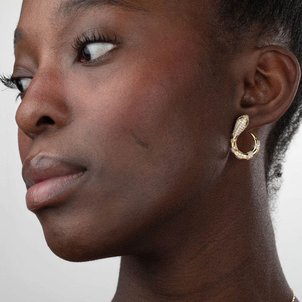 Snake Earrings  - Green Zirconia - Gold Plated