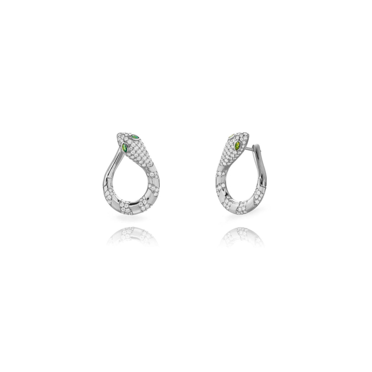 Snake Earrings  - Green Zirconia - Rhodium Plated Silver