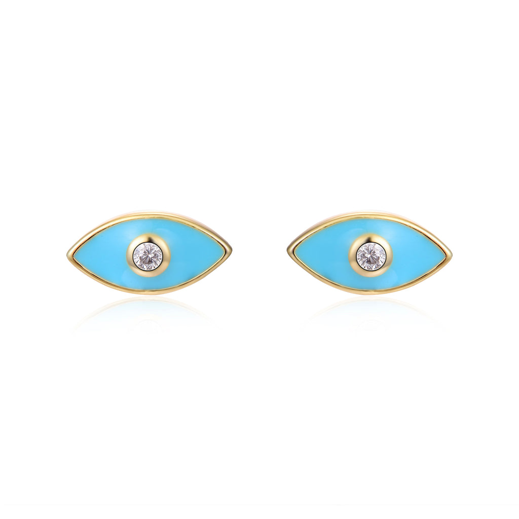 Turk's Eye - Turquoise Enamel -  Zirconia Earrings-  Gold Plated