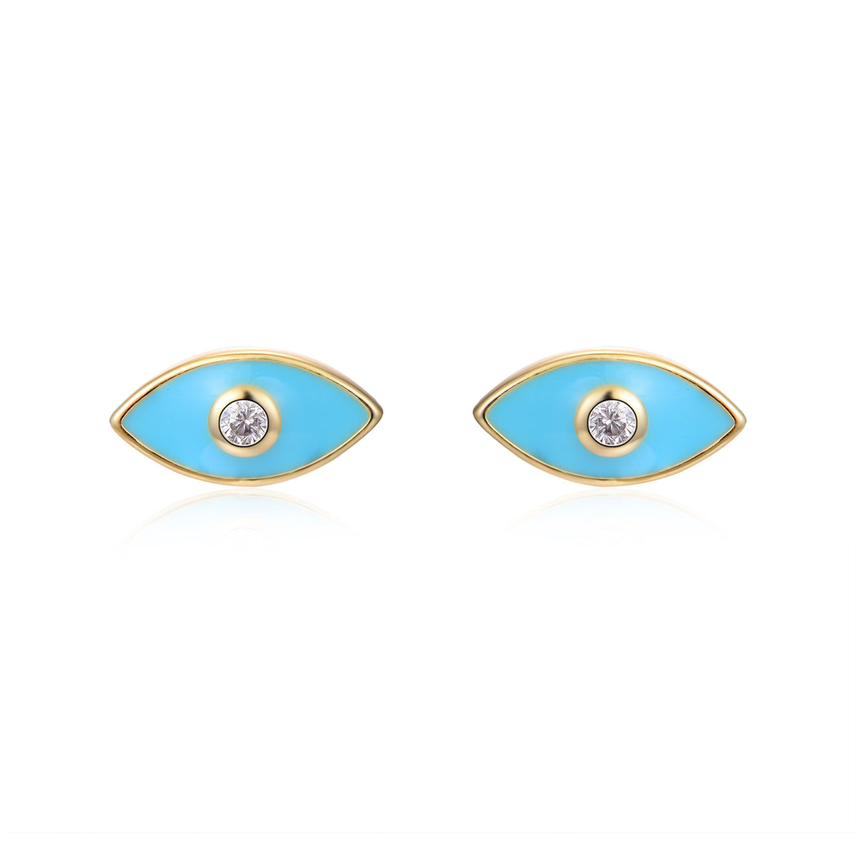Turk's Eye - Turquoise Enamel -  Zirconia Earrings-  Gold Plated