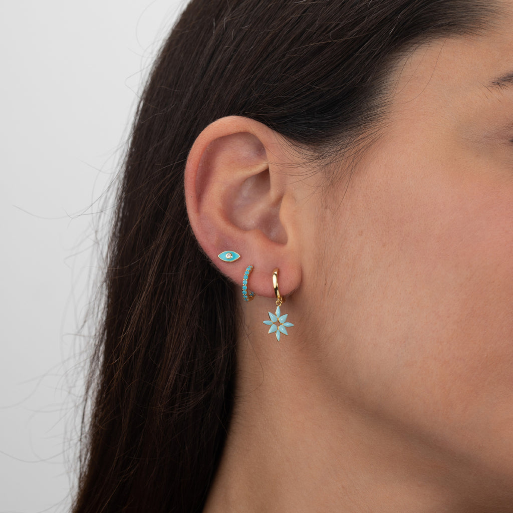 Turk's Eye - Turquoise Enamel -  Zirconia Earrings-  Gold Plated