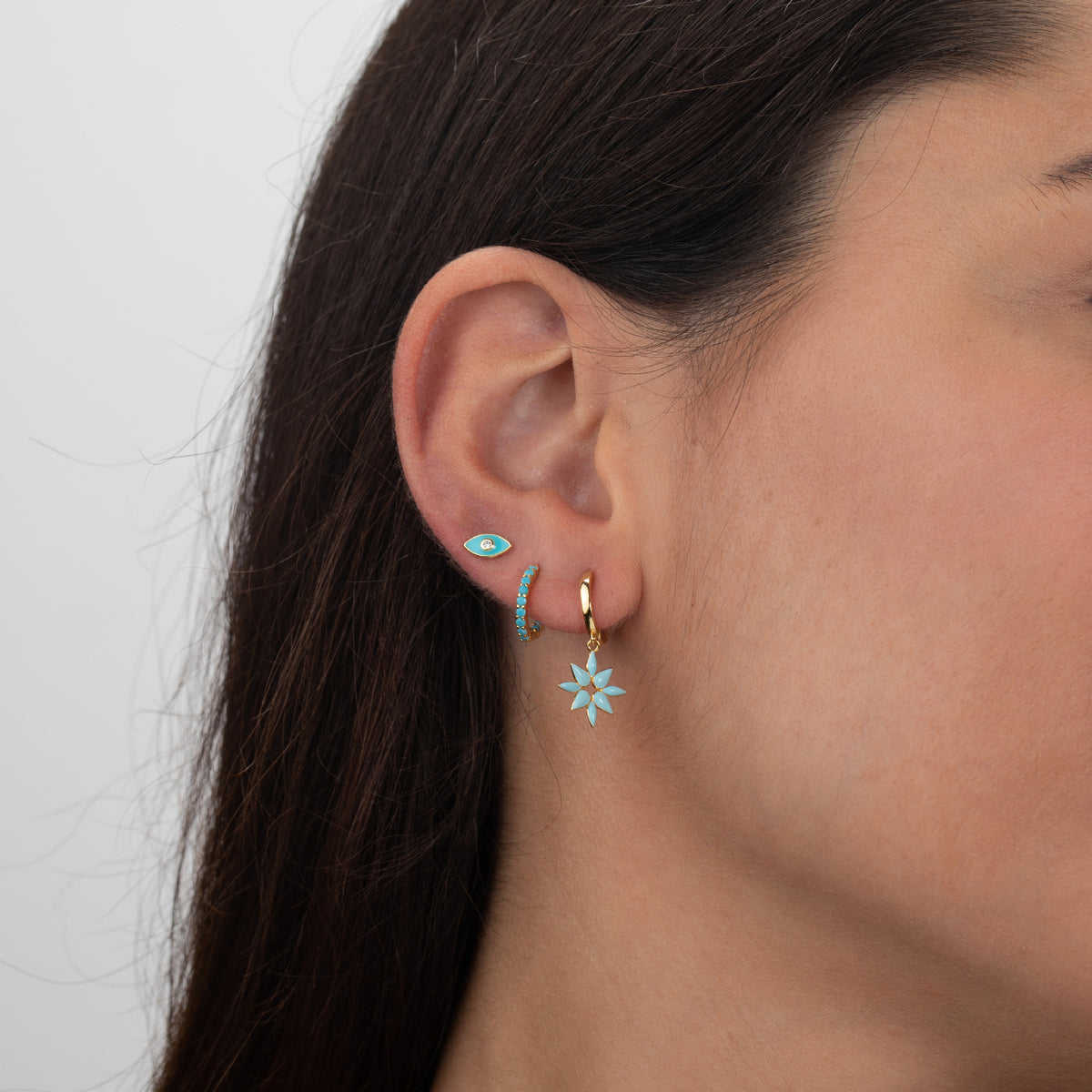 Turk's Eye - Turquoise Enamel -  Zirconia Earrings-  Gold Plated