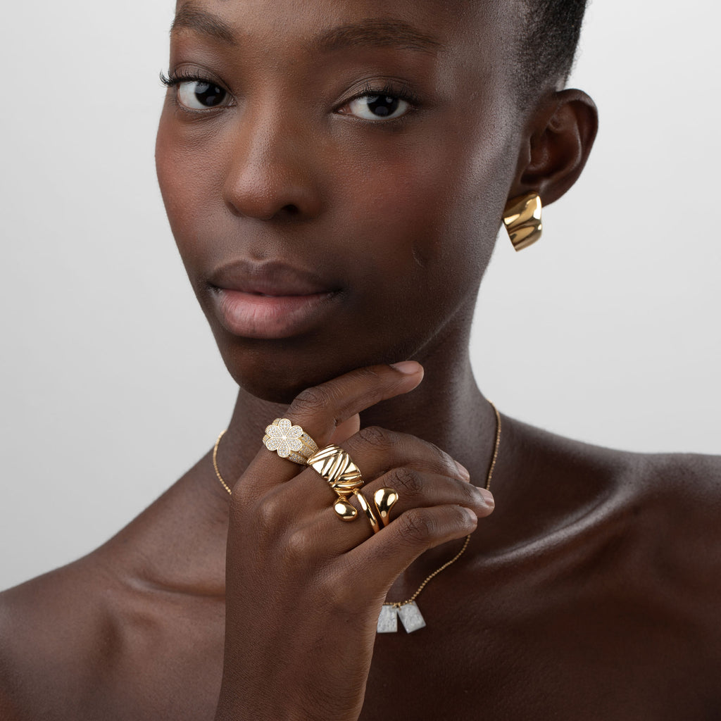 Silver Ring - Flower Zirconia  - Gold Plated