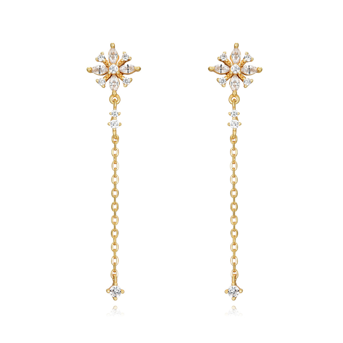 Large Chain Dangling Earrings - Flower Zircon - Gold plated