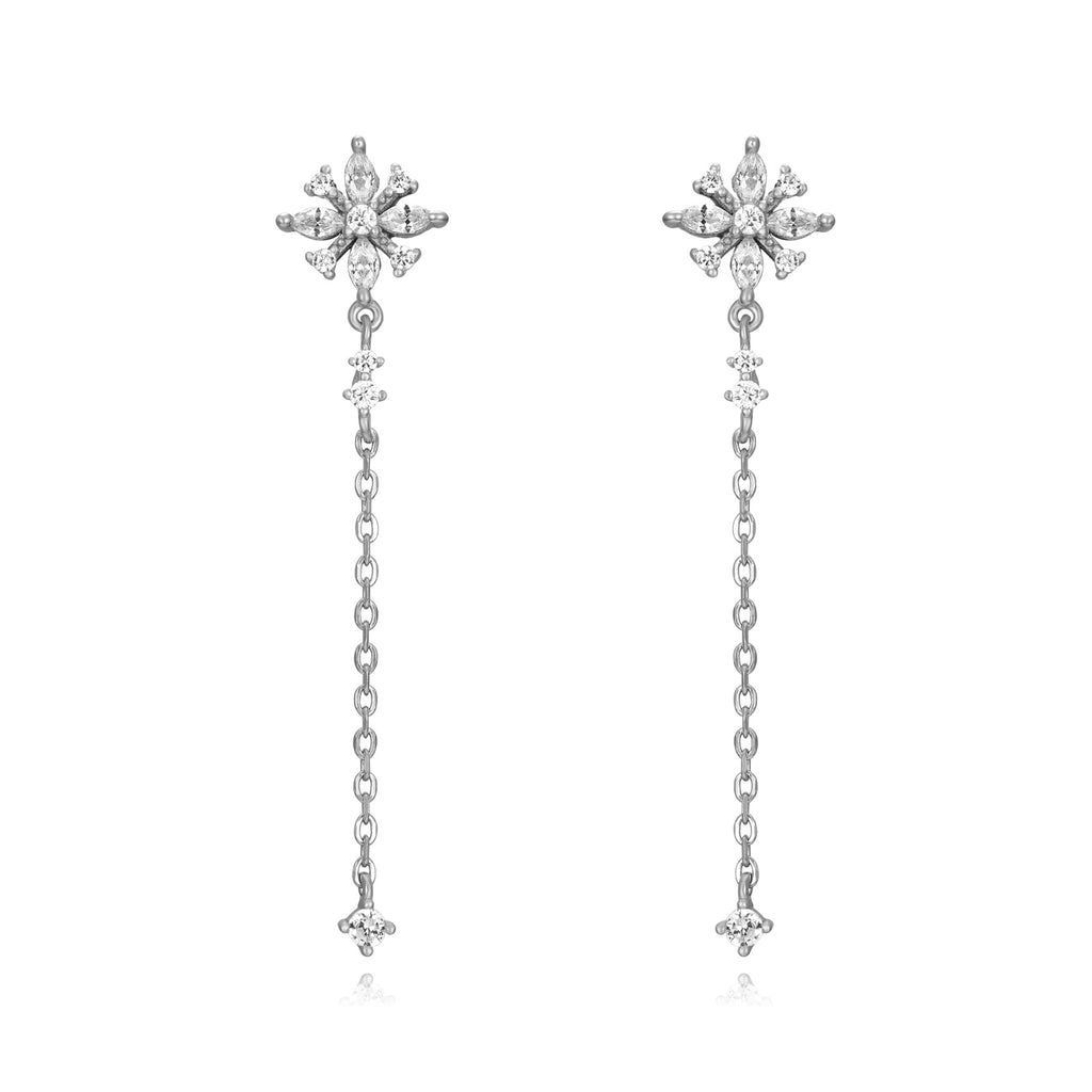 Large Chain Dangling Earrings - Flower Zircon -  Rhodium Silver