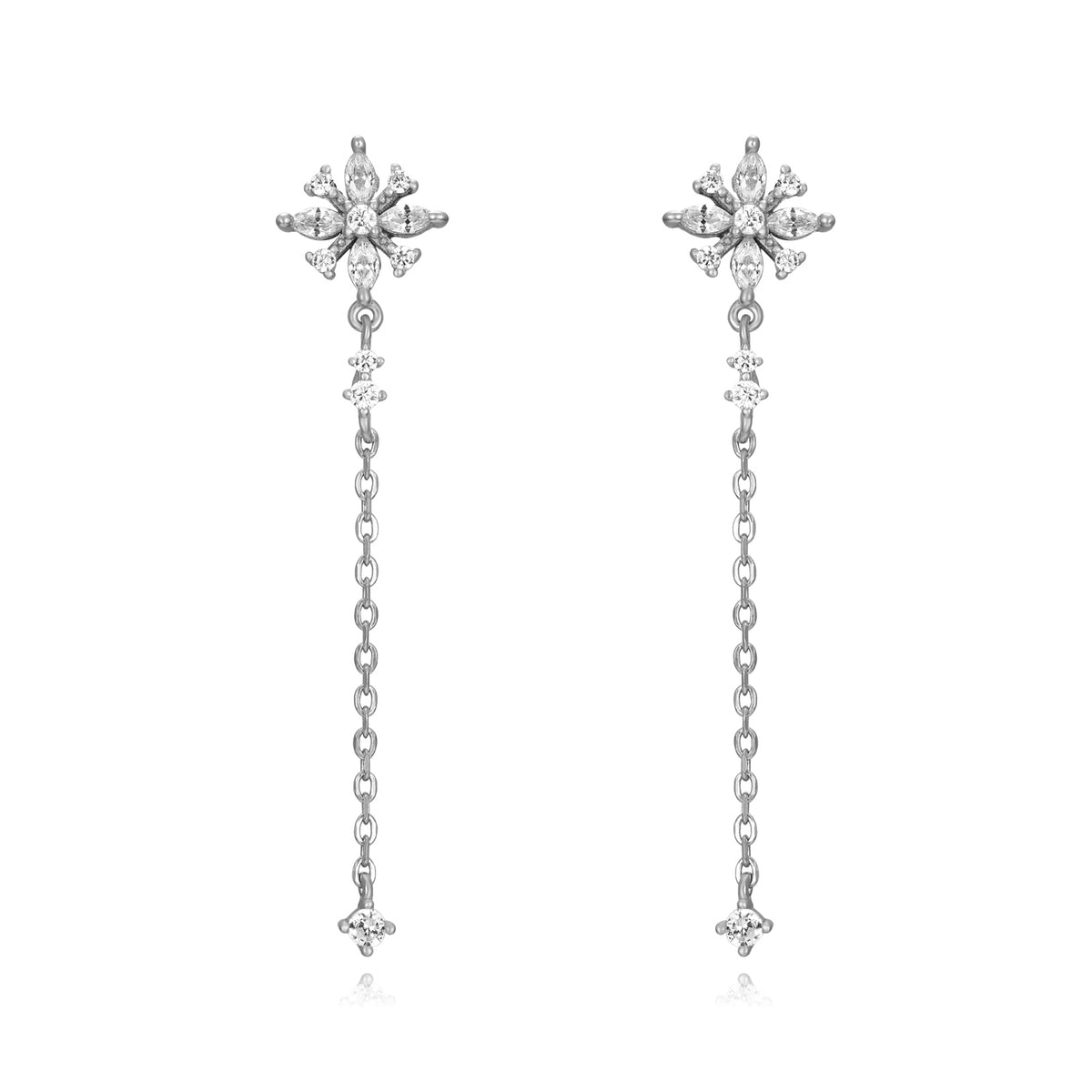 Large Chain Dangling Earrings - Flower Zircon -  Rhodium Silver