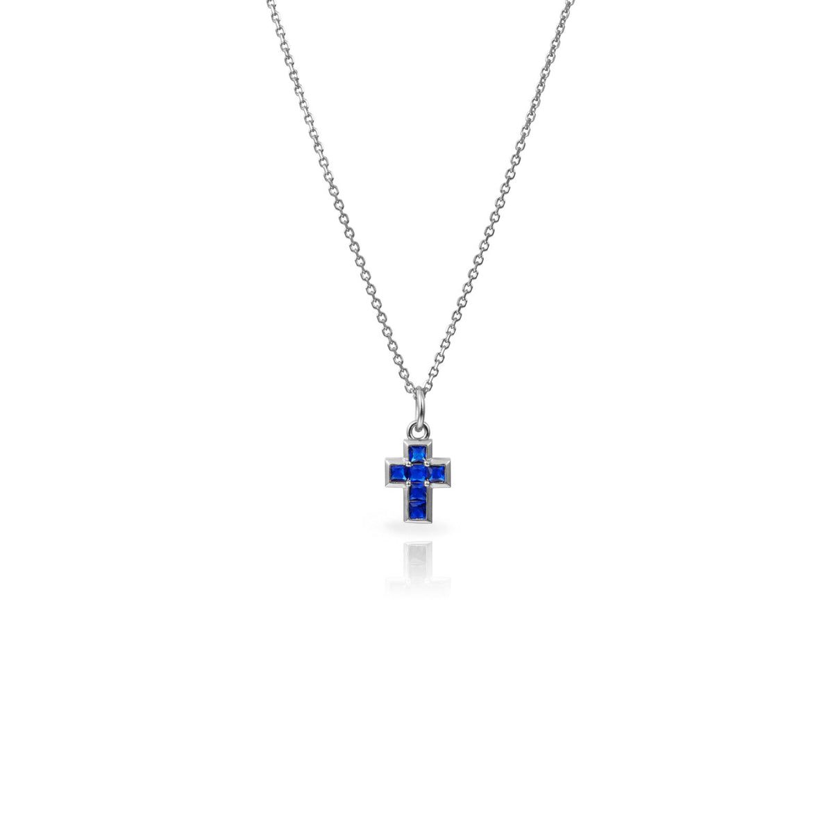 Cross Necklace  - Blue Zirconia -  Rhodium Silver
