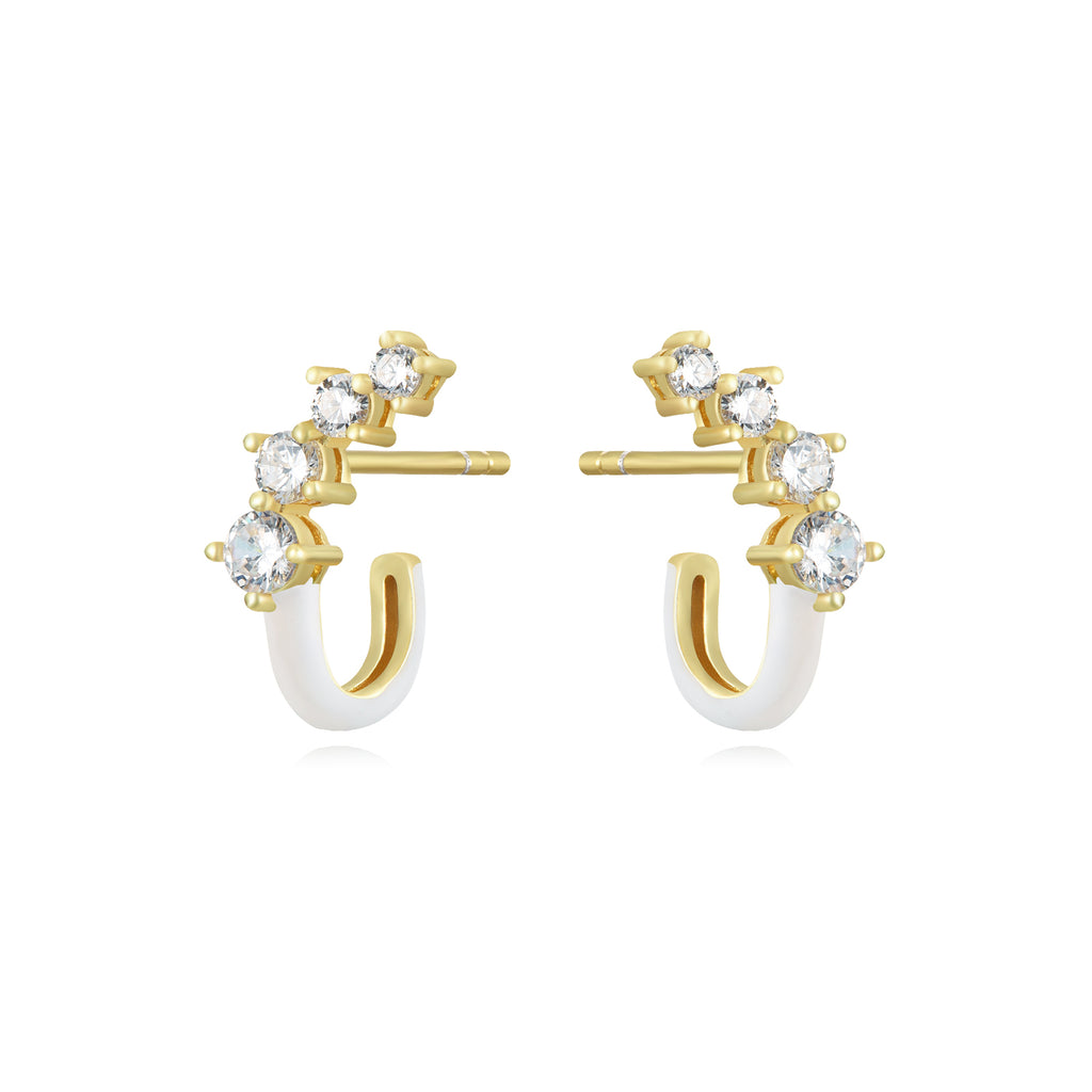 Hoop Earrings - White Enamel  - White Zirconia - Gold plated