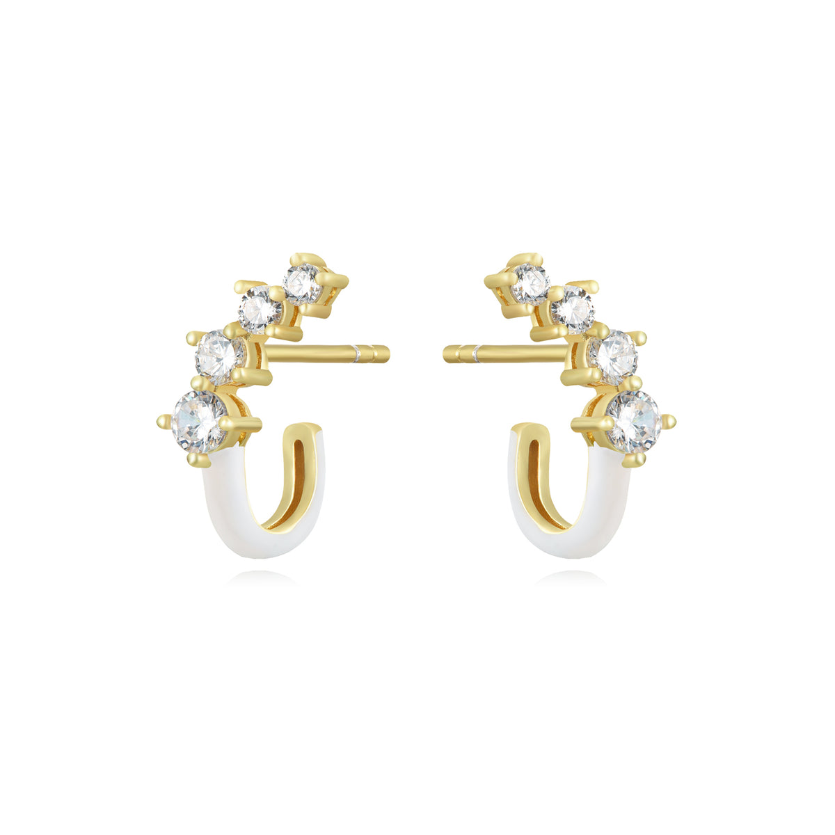 Hoop Earrings - White Enamel  - White Zirconia - Gold plated