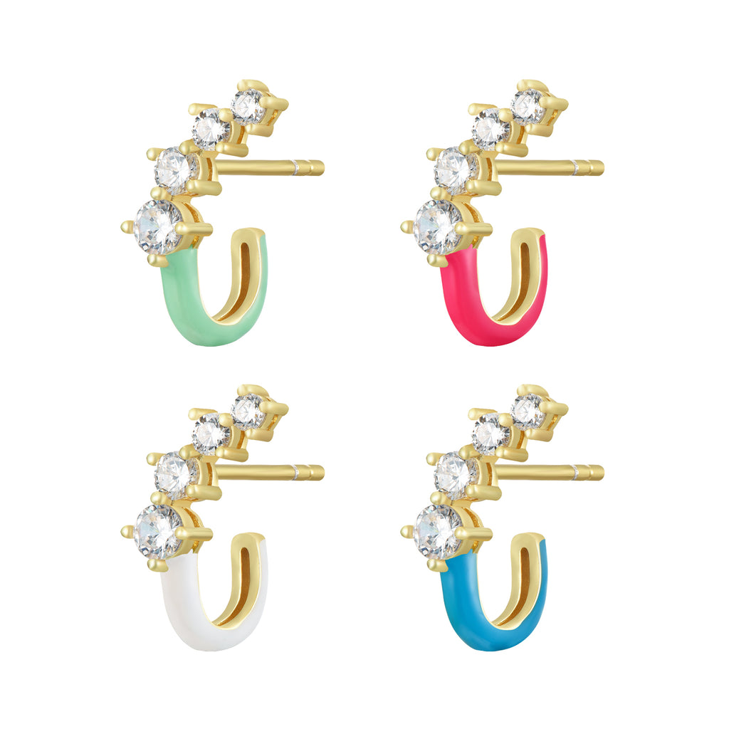 Hoop Earrings - White Enamel  - White Zirconia - Gold plated