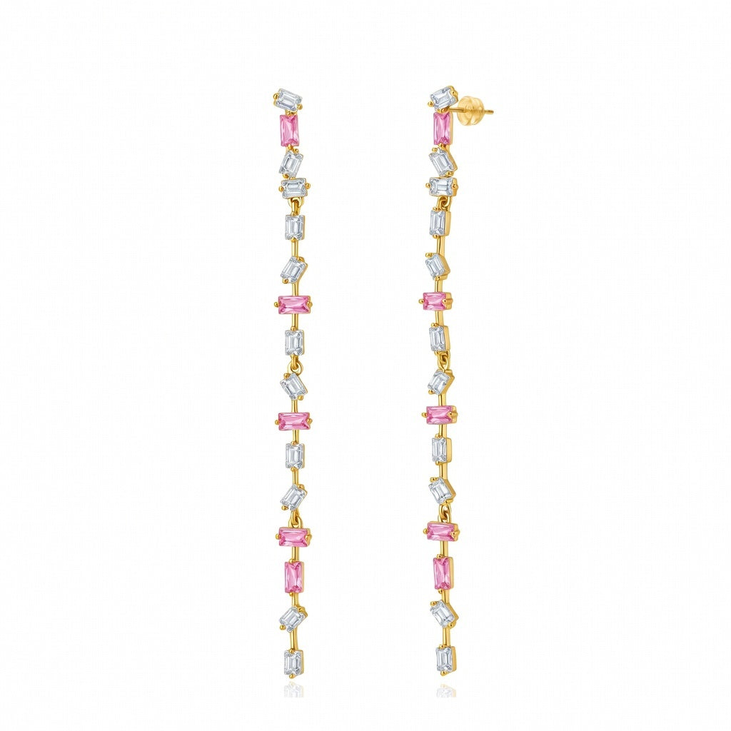 Earrings - Pink Zirconia - 83 mm - Gold Plated