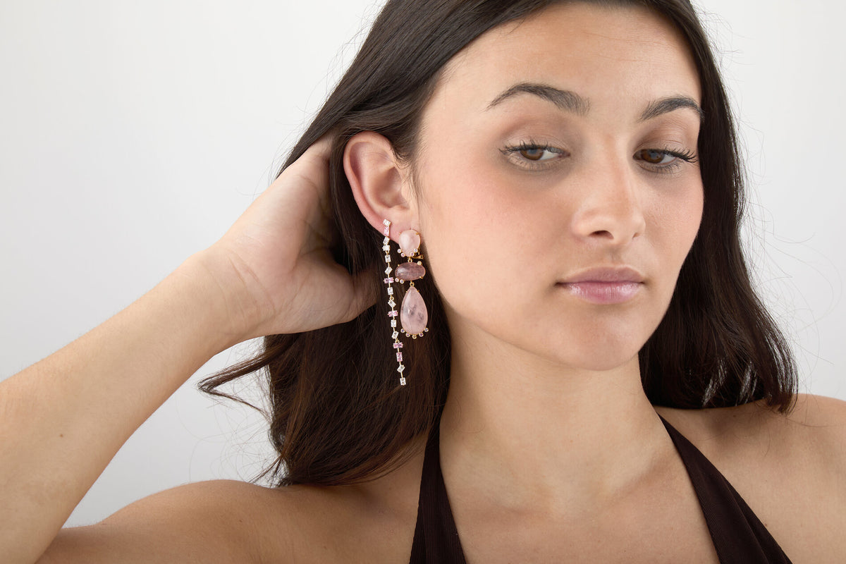 Earrings - Pink Zirconia - 83 mm - Gold Plated