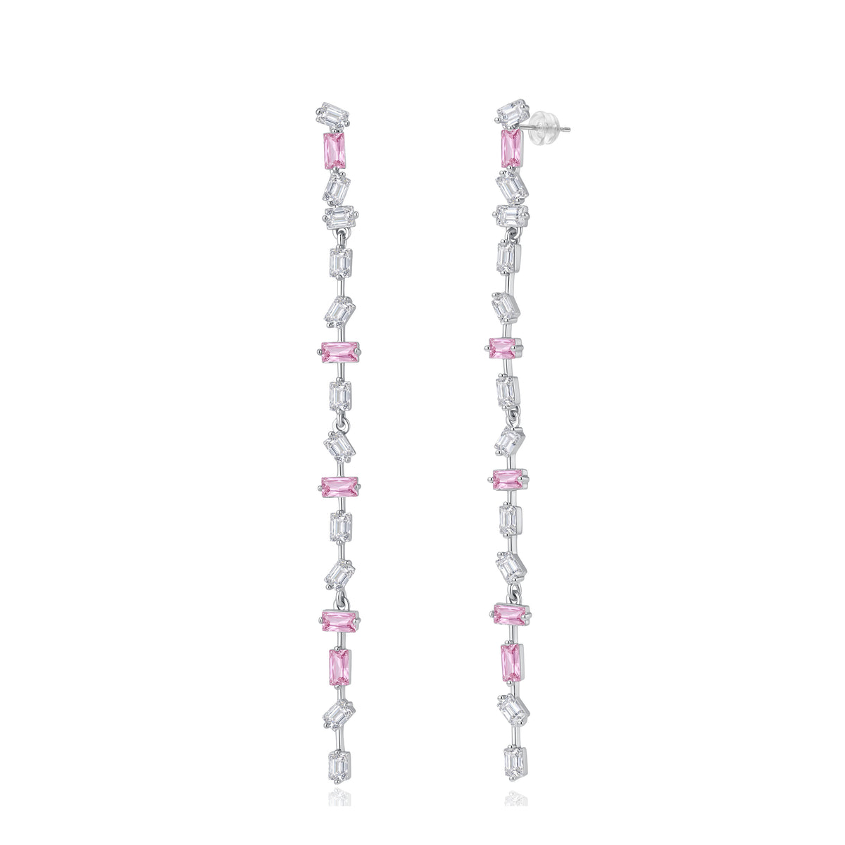 Earrings - Pink Zirconia - 83 mm - Rhodium Silver
