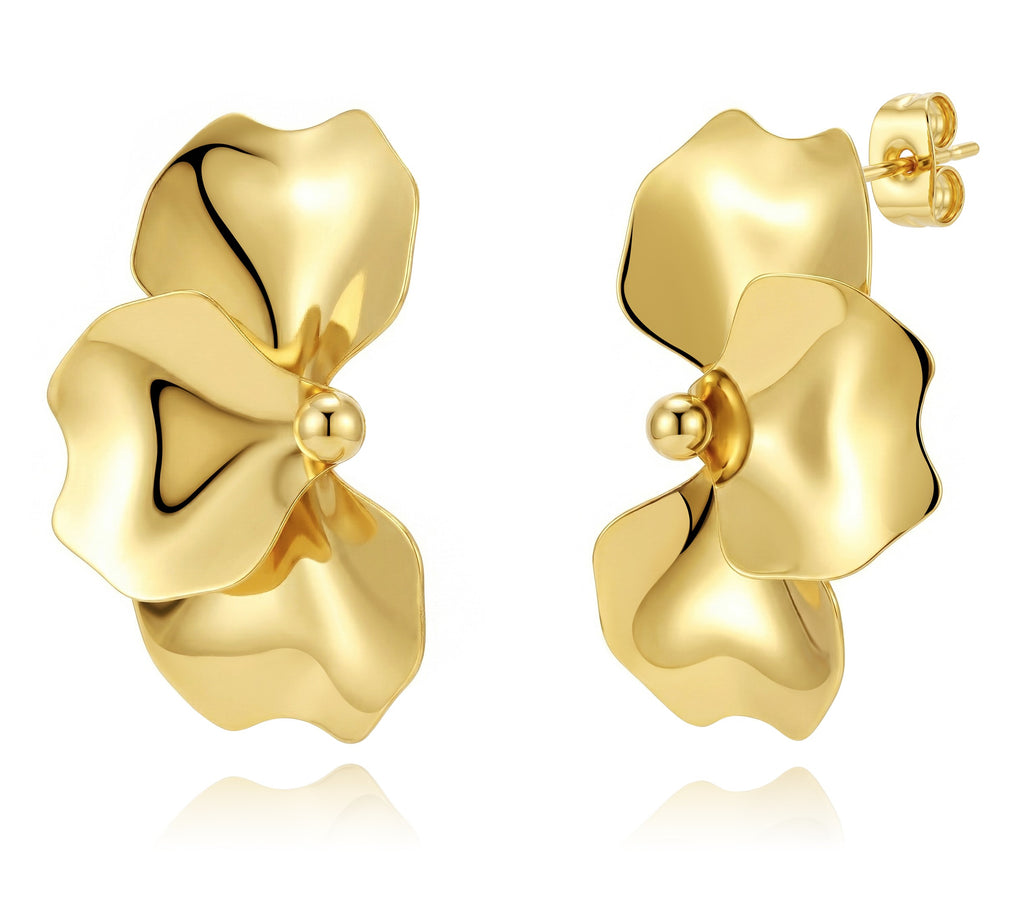 Long Steel Earring - Flower - 42 mm - Gold Color