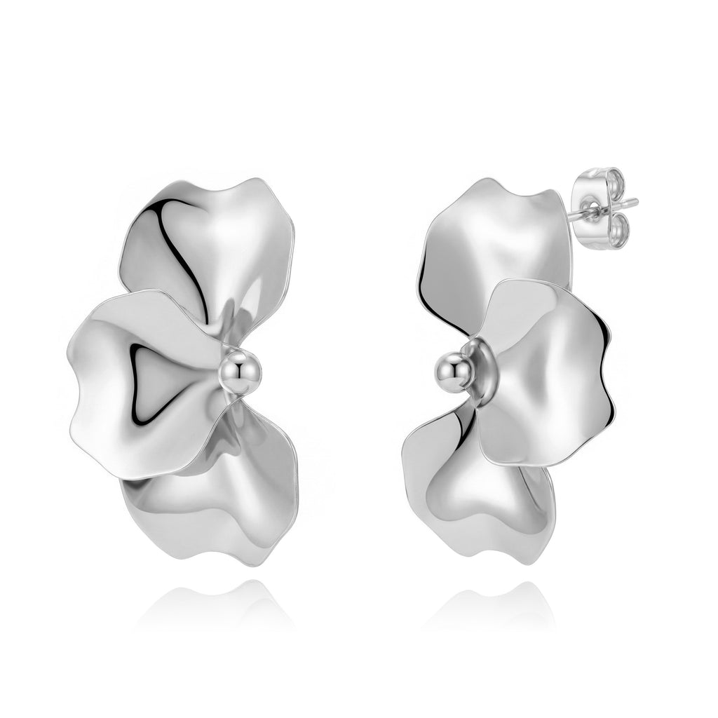 Long Steel Earring - Flower - 42 mm - Steel Color