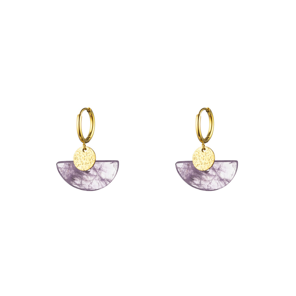 Natural Mineral Earrings - Hoop - Amethyst - Gold Color