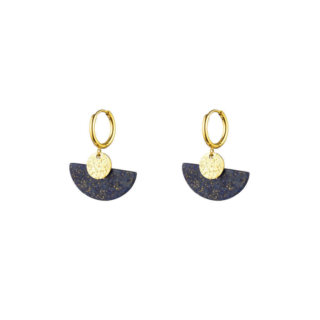 Natural Mineral Earrings - Hoop - Lapis Lazuli -  Gold Color