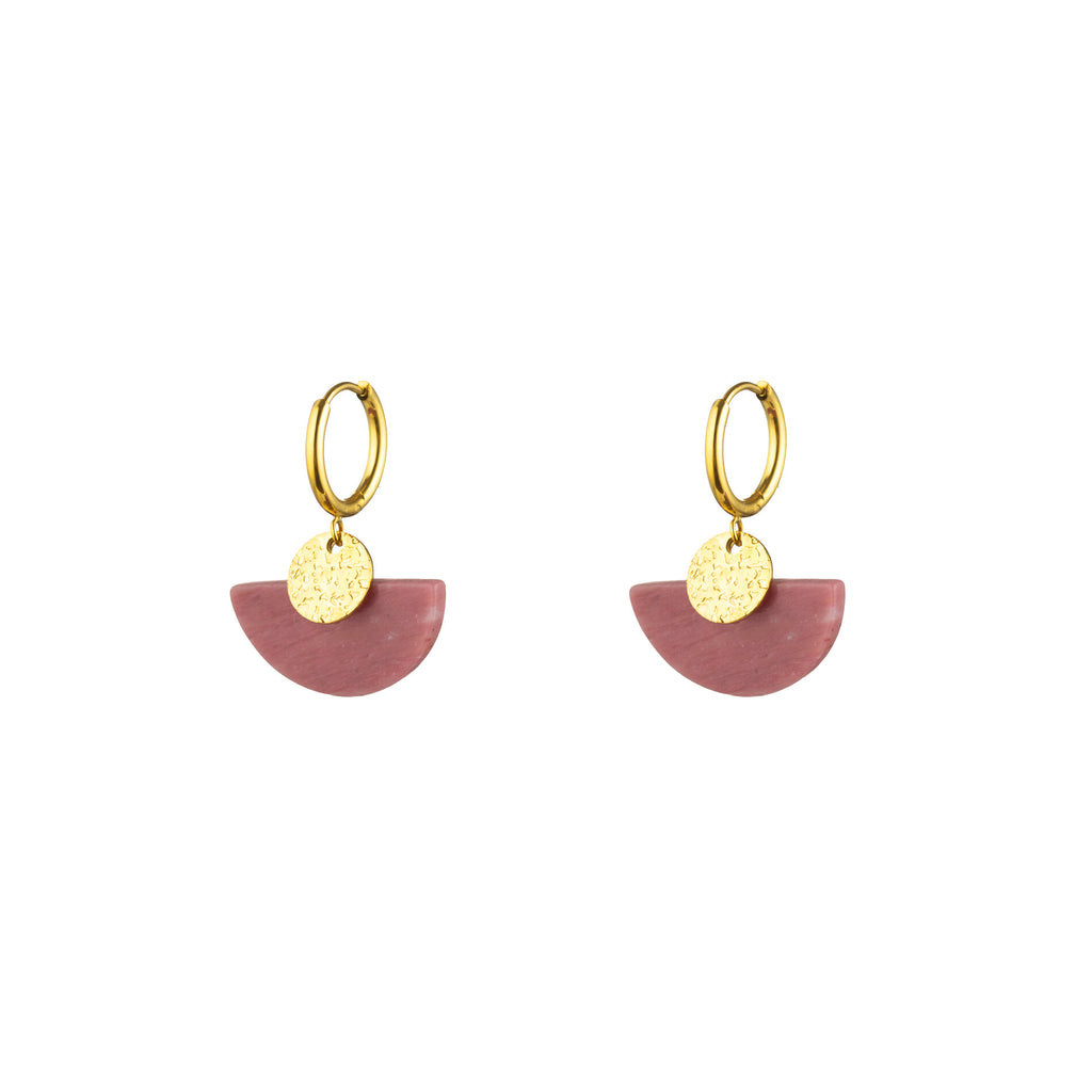Natural Mineral Earrings - Hoop - Rhodonite -  Gold Color