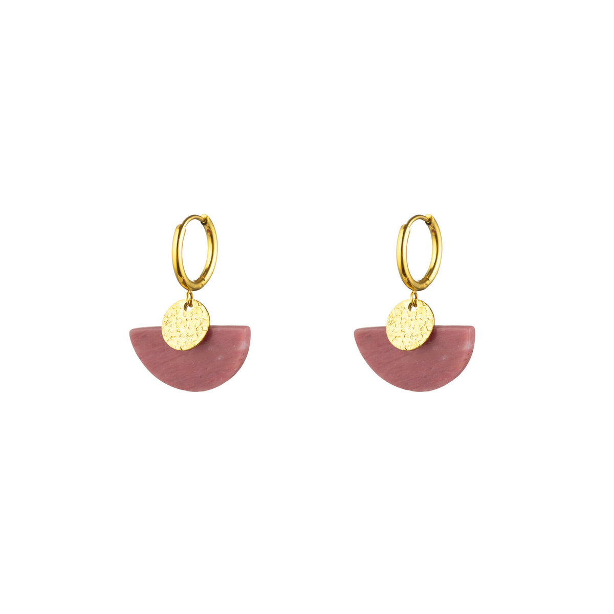 Natural Mineral Earrings - Hoop - Rhodonite -  Gold Color