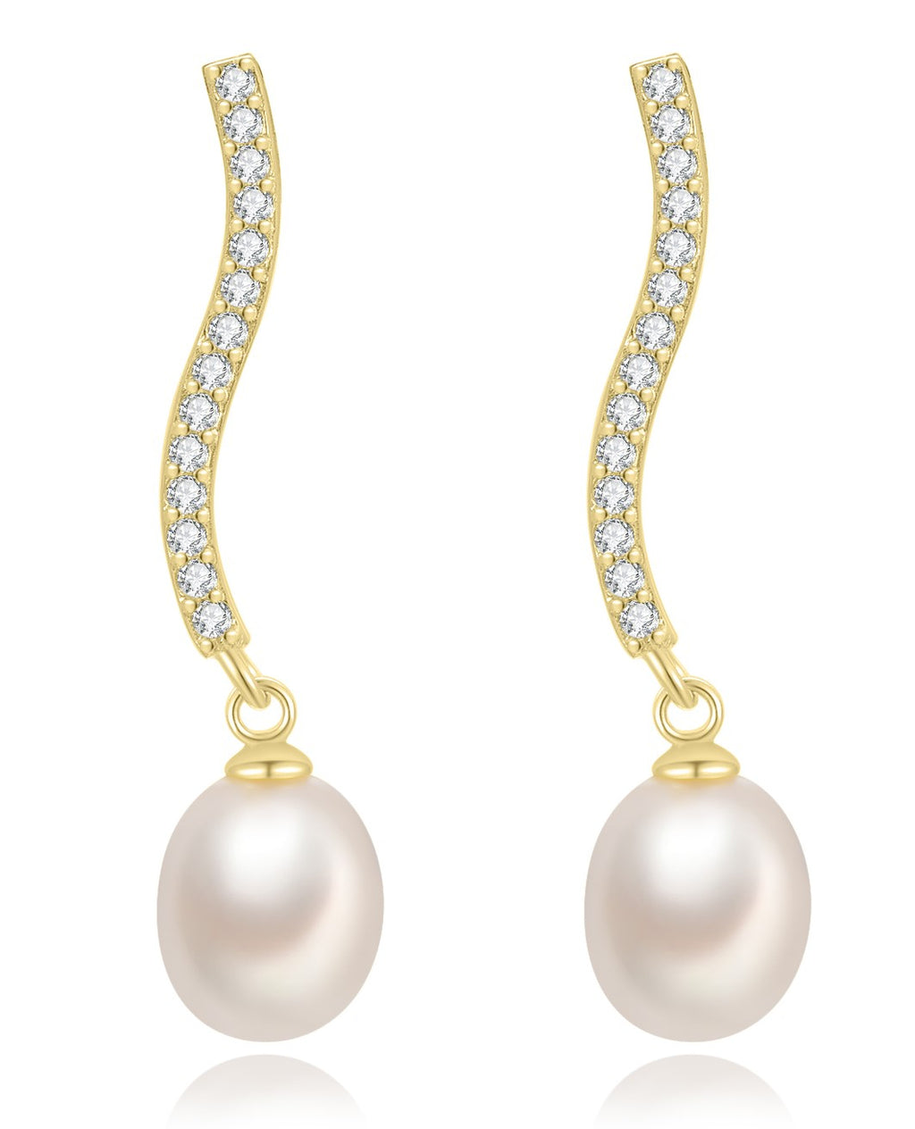 Cultured Pearl Mineral Earrings - Twisted Bar - White Zirconia - Gold plated