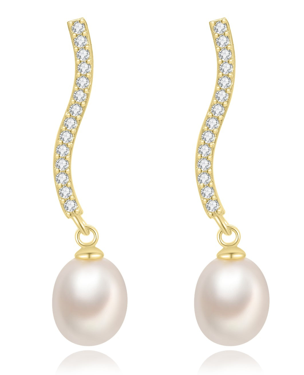 Cultured Pearl Mineral Earrings - Twisted Bar - White Zirconia - Gold plated