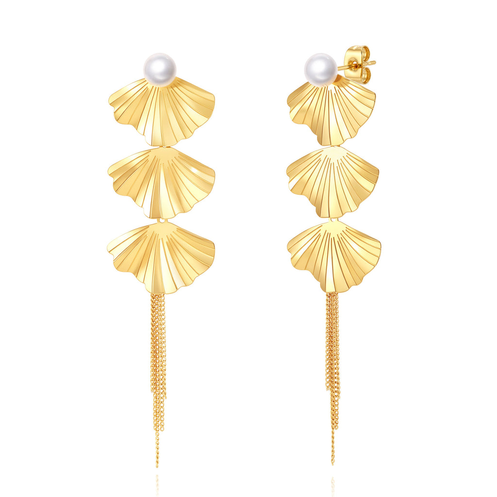 Earrings - Leaves with Pearl - 12 cm - Gold